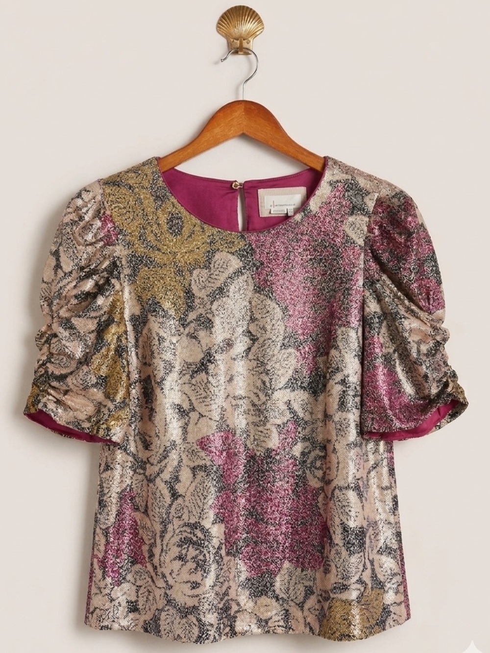 Anthropologie Marie Floral Sequin Puff Sleeve Top 12 Pink Gold Summer Wedding - Picture 2 of 9
